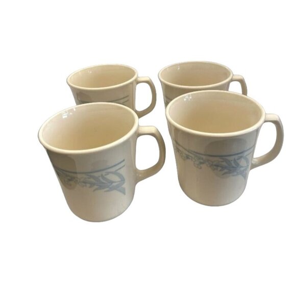 Corning Corelle Beige Coffee Cup Blue Lily Leaf Flower Pattern Retired Set 4 - Picture 1 of 5